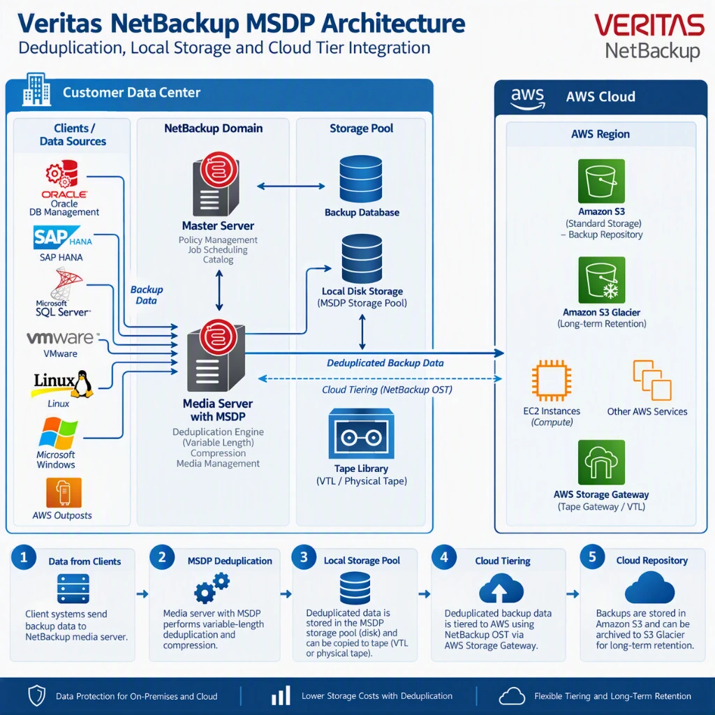 معماری NetBackup MSDP و ارتباط منابع داده، Media Server، ذخیره‌سازی محلی و زیرساخت ابری